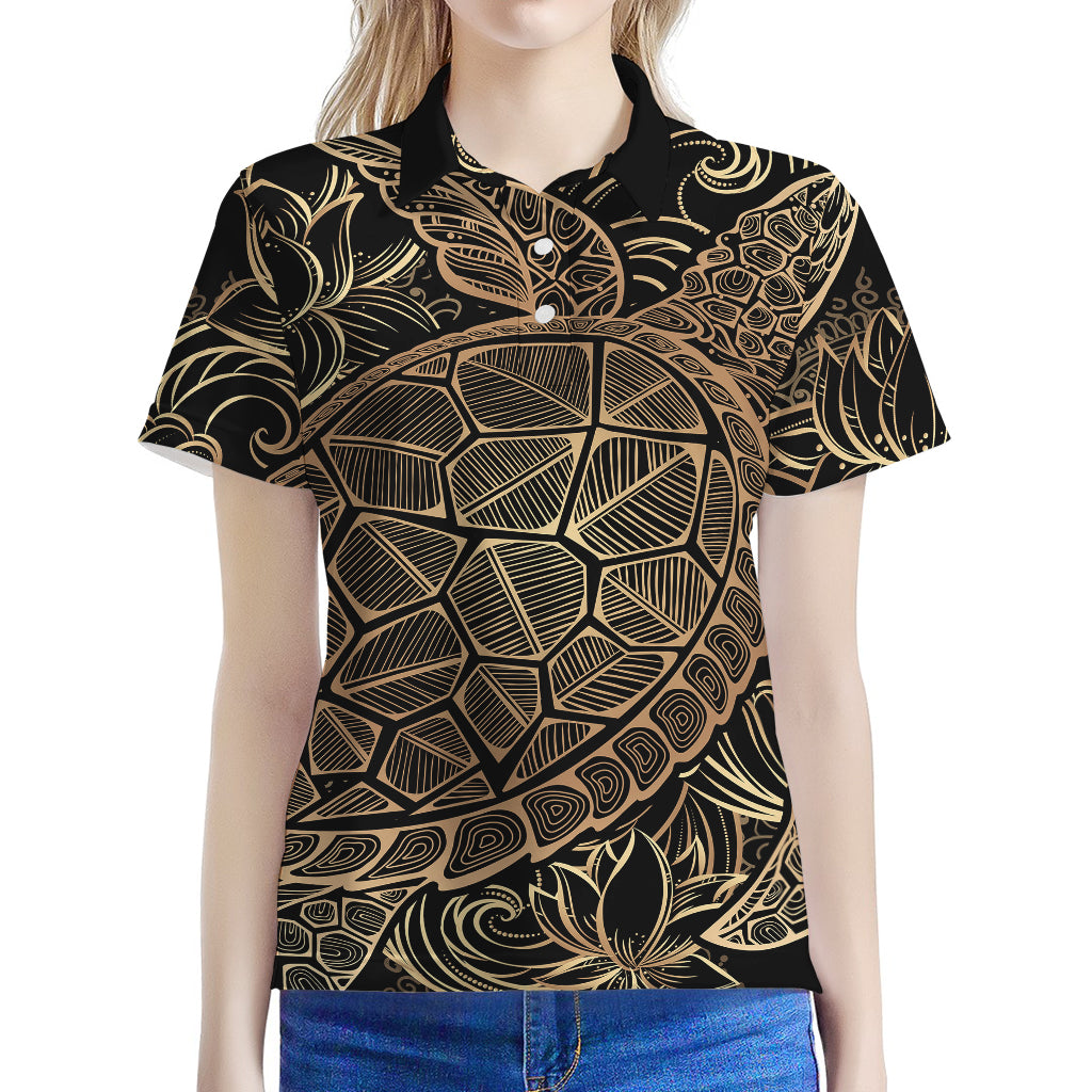 Black And Gold Sea Turtle Print Women's Polo Shirt