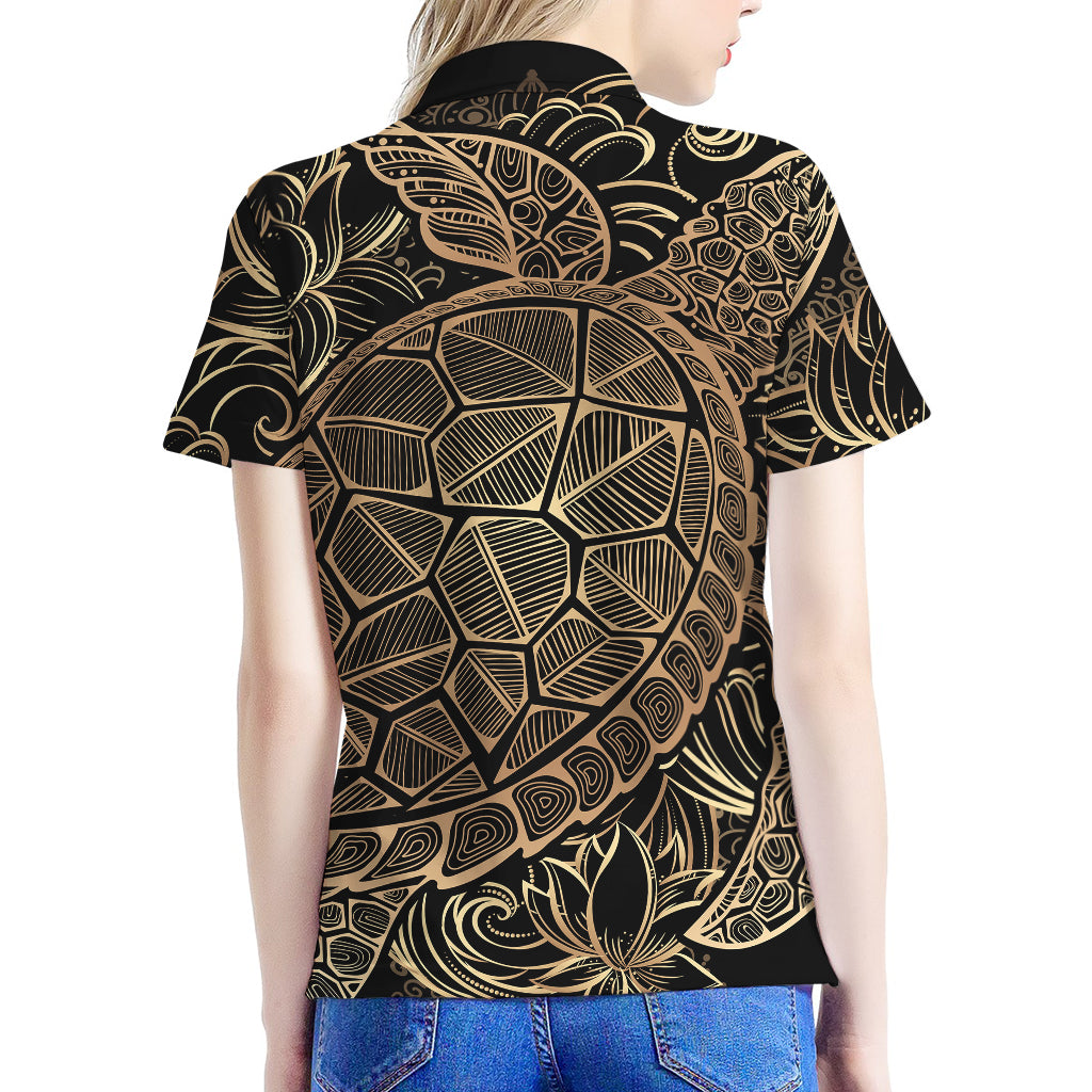 Black And Gold Sea Turtle Print Women's Polo Shirt