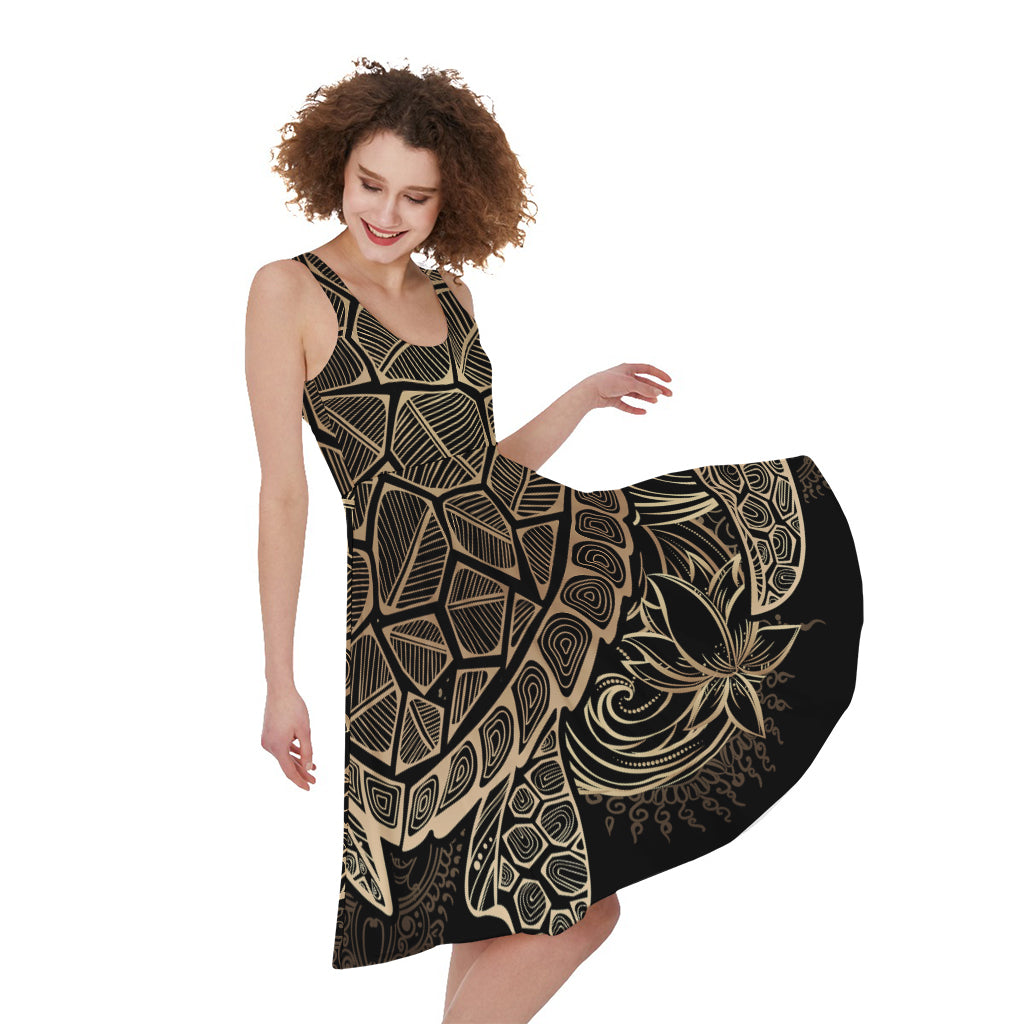 Black And Gold Sea Turtle Print Women's Sleeveless Dress