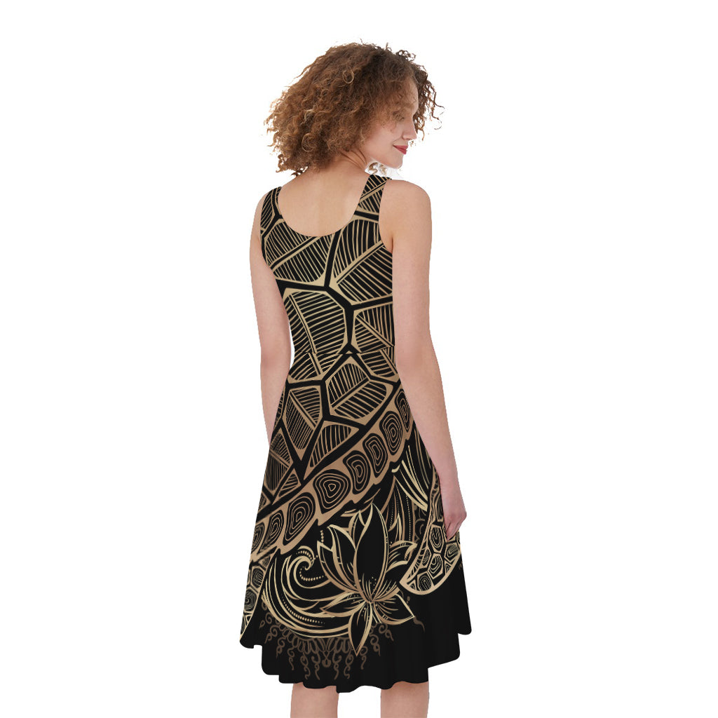 Black And Gold Sea Turtle Print Women's Sleeveless Dress
