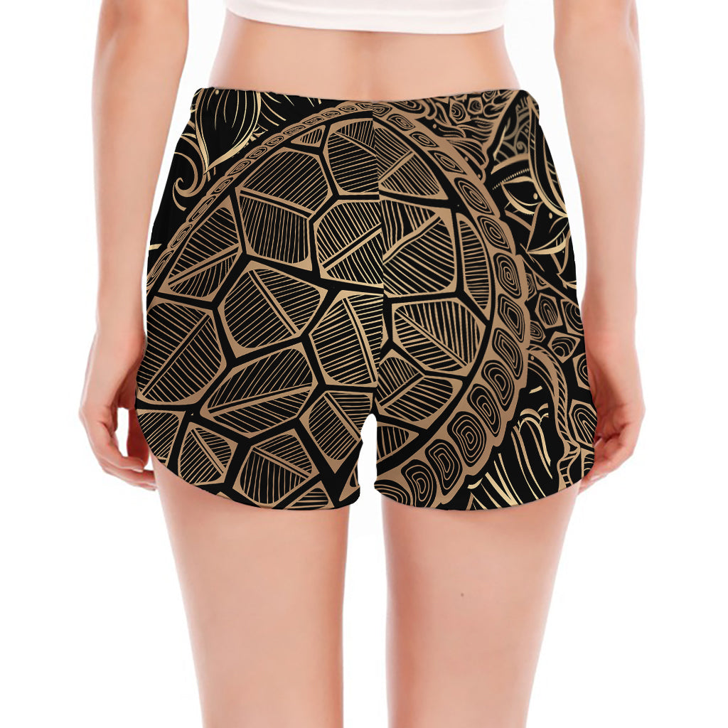 Black And Gold Sea Turtle Print Women's Split Running Shorts