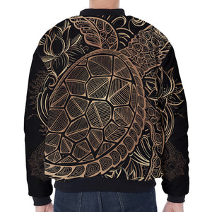 Black And Gold Sea Turtle Print Zip Sleeve Bomber Jacket