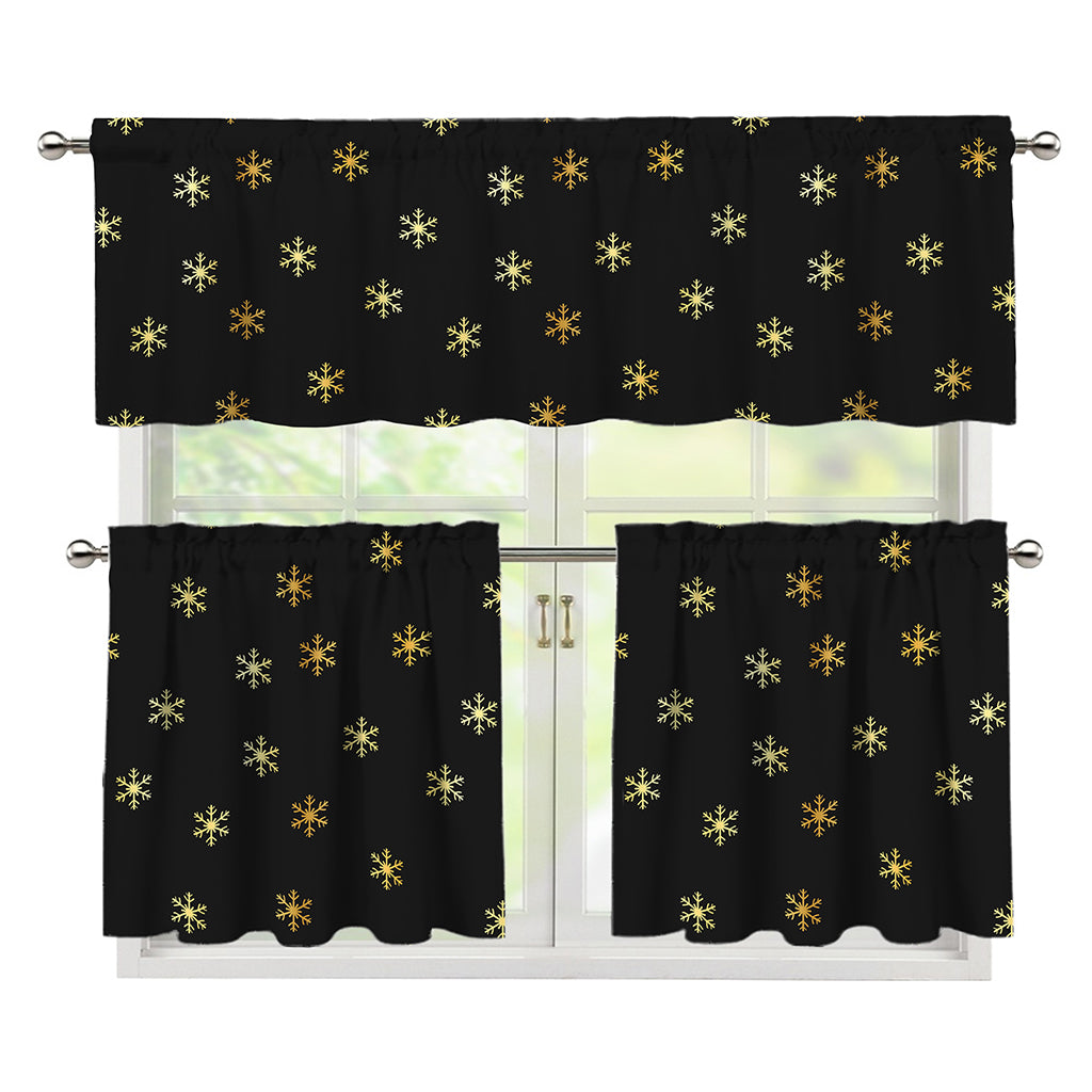 Black And Gold Snowflake Pattern Print 3 Piece Kitchen Curtains