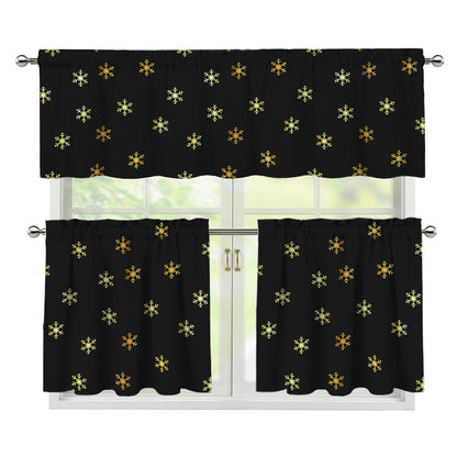 Black And Gold Snowflake Pattern Print 3 Piece Kitchen Curtains