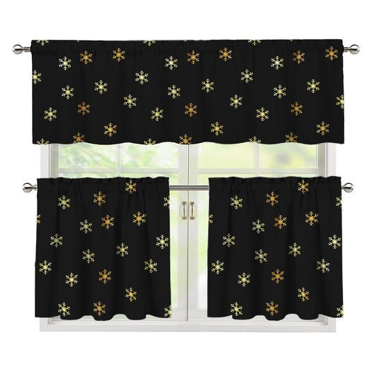 Black And Gold Snowflake Pattern Print 3 Piece Kitchen Curtains
