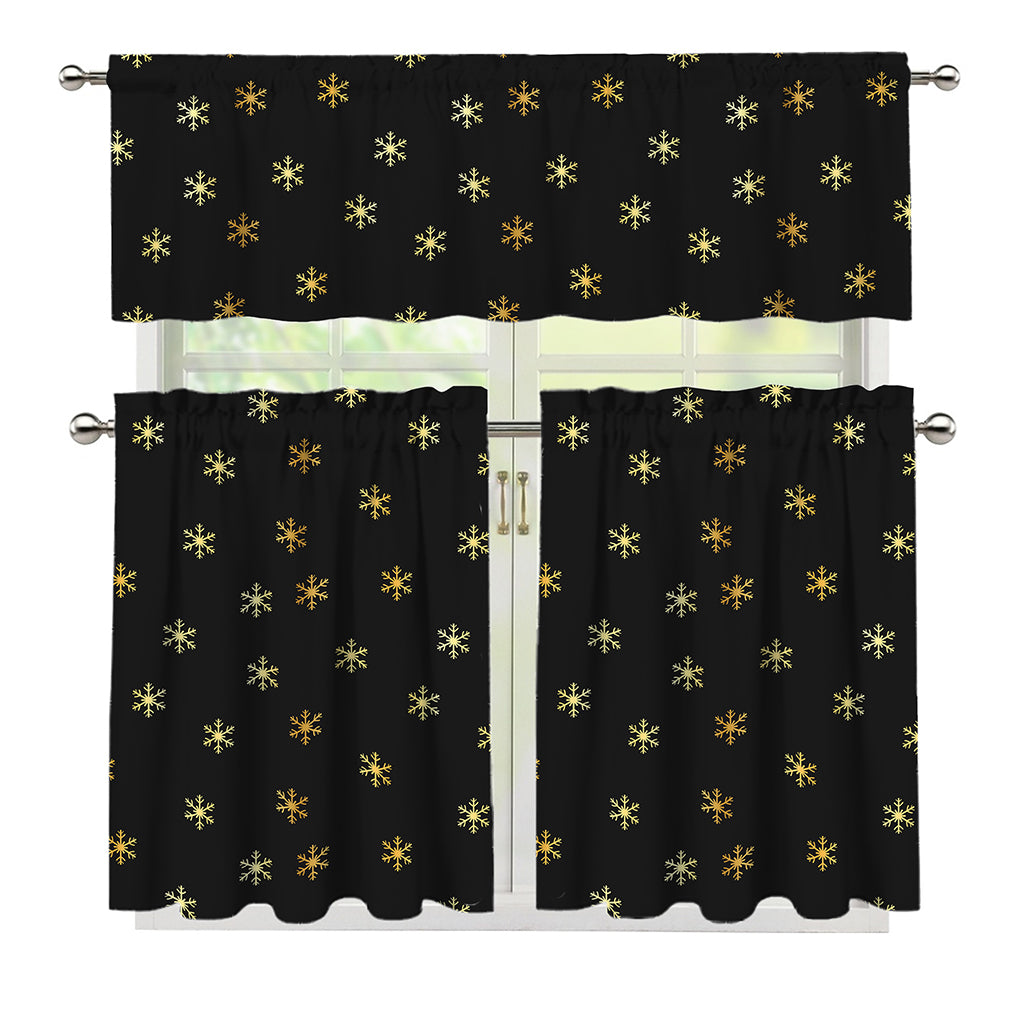 Black And Gold Snowflake Pattern Print 3 Piece Kitchen Curtains
