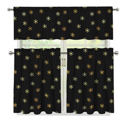 Black And Gold Snowflake Pattern Print 3 Piece Kitchen Curtains