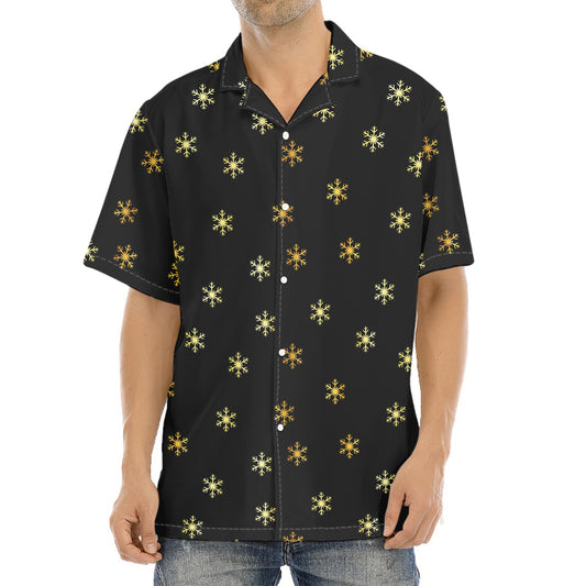 Black And Gold Snowflake Pattern Print Aloha Shirt