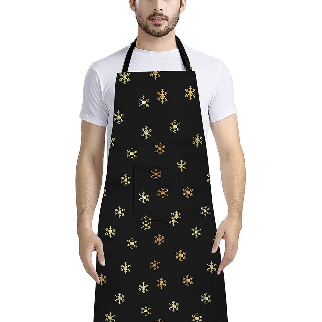 Black And Gold Snowflake Pattern Print Bib Apron With Pocket