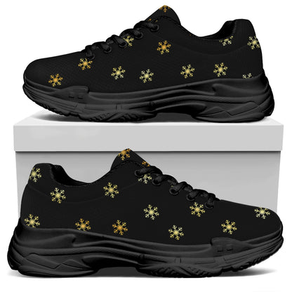 Black And Gold Snowflake Pattern Print Black Chunky Shoes