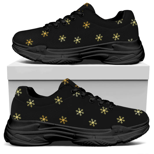Black And Gold Snowflake Pattern Print Black Chunky Shoes