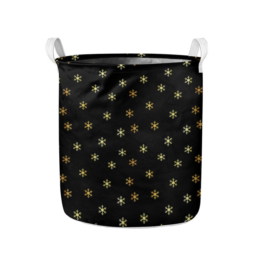 Black And Gold Snowflake Pattern Print Collapsible Laundry Basket