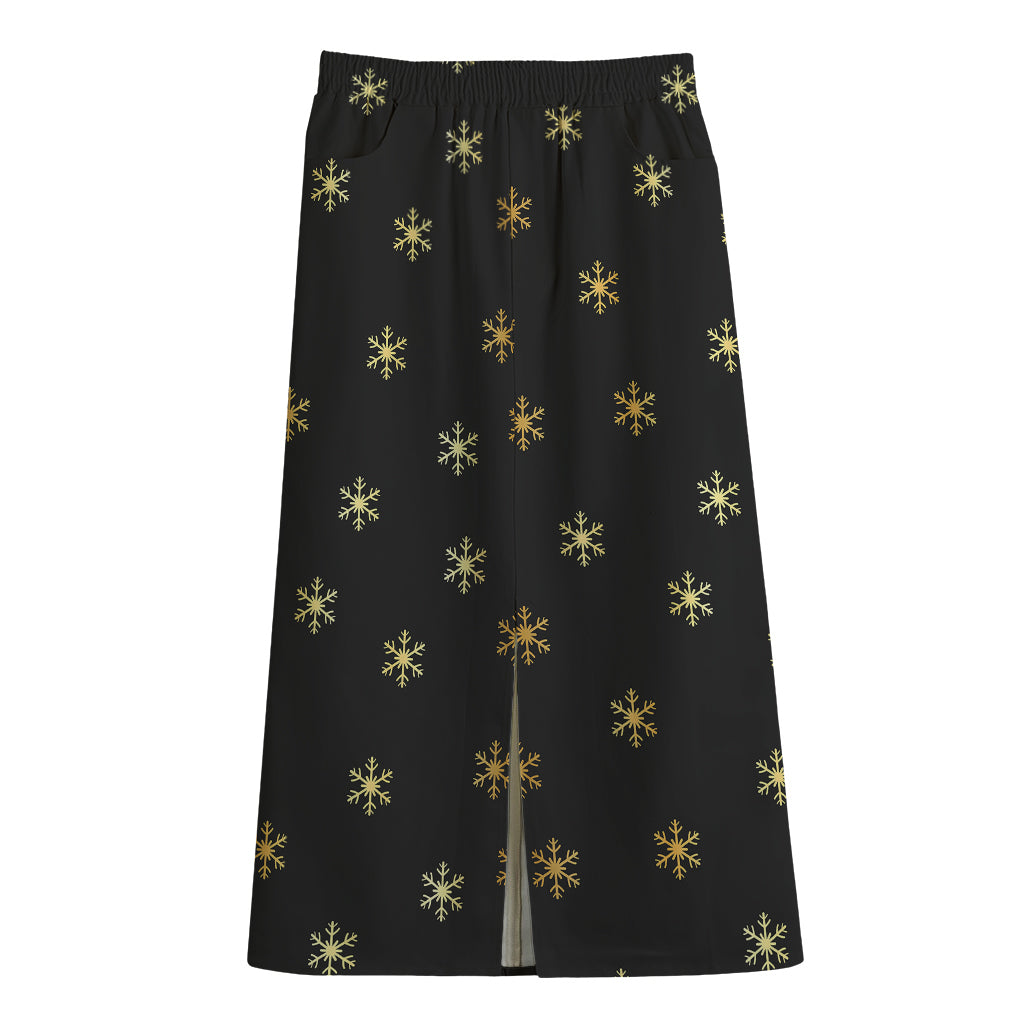 Black And Gold Snowflake Pattern Print Cotton Front Slit Maxi Skirt