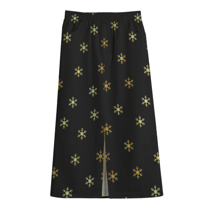 Black And Gold Snowflake Pattern Print Cotton Front Slit Maxi Skirt