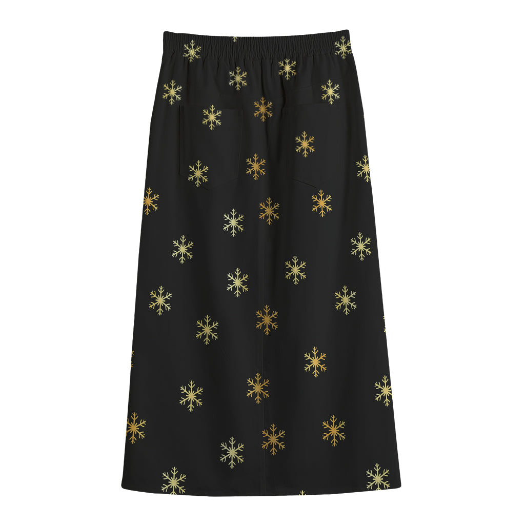 Black And Gold Snowflake Pattern Print Cotton Front Slit Maxi Skirt