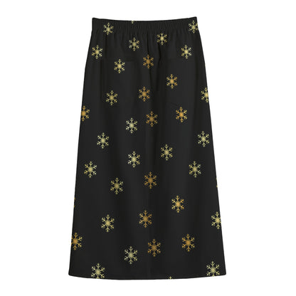 Black And Gold Snowflake Pattern Print Cotton Front Slit Maxi Skirt