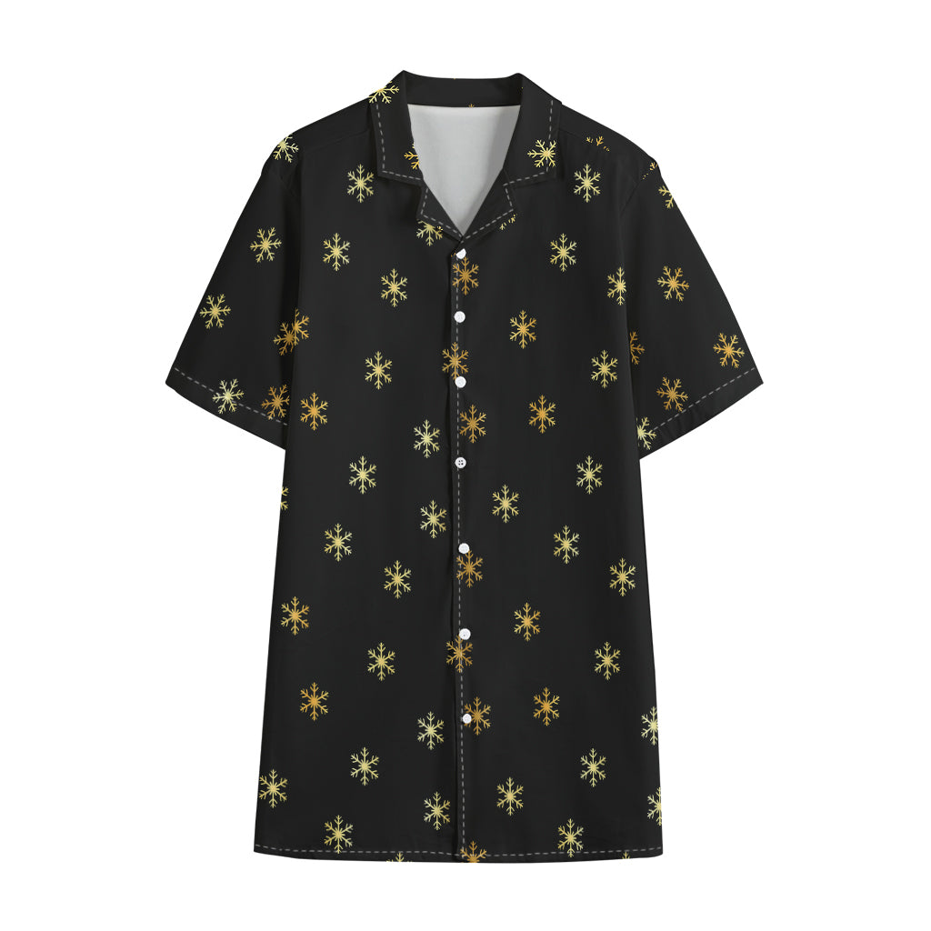 Black And Gold Snowflake Pattern Print Cotton Hawaiian Shirt