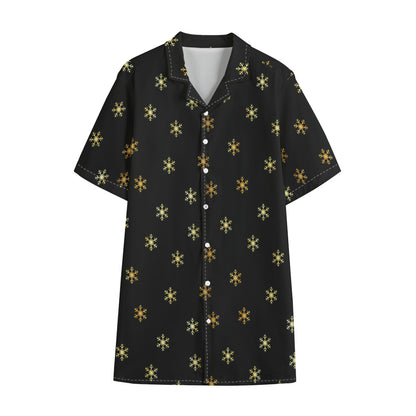 Black And Gold Snowflake Pattern Print Cotton Hawaiian Shirt