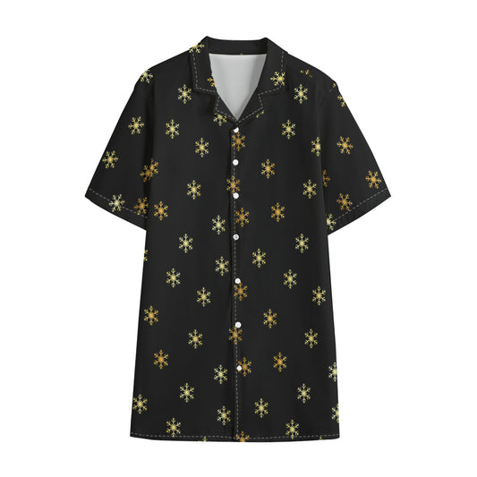 Black And Gold Snowflake Pattern Print Cotton Hawaiian Shirt