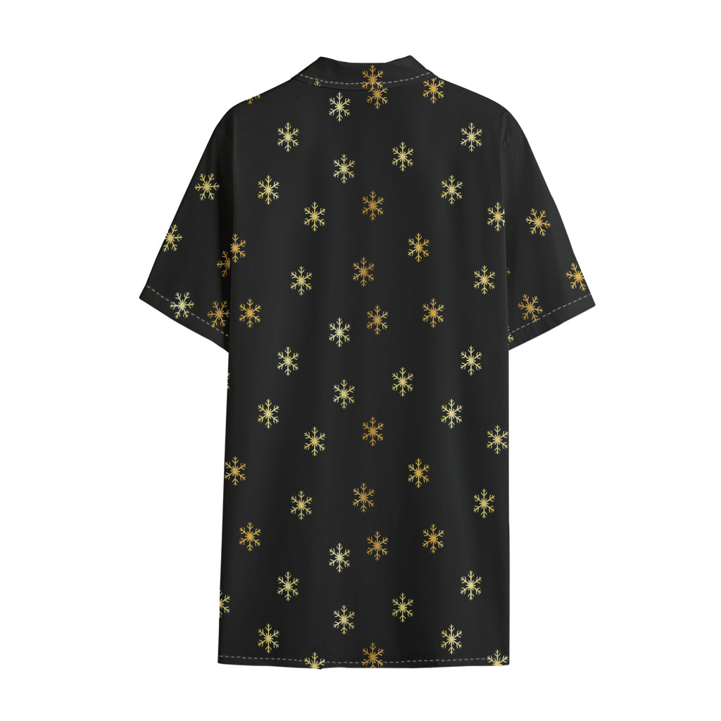 Black And Gold Snowflake Pattern Print Cotton Hawaiian Shirt