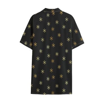 Black And Gold Snowflake Pattern Print Cotton Hawaiian Shirt