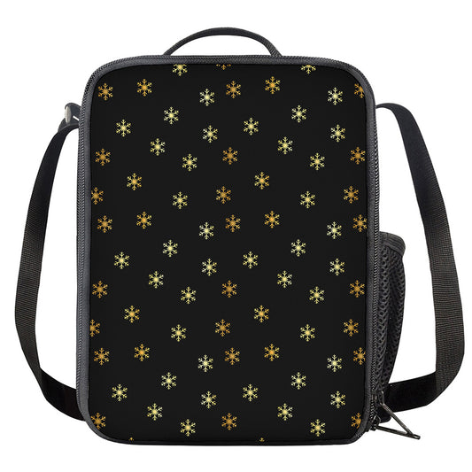Black And Gold Snowflake Pattern Print Crossbody Lunch Bag