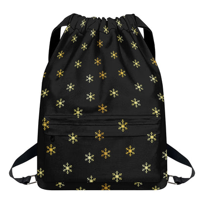Black And Gold Snowflake Pattern Print Drawstring Backpack