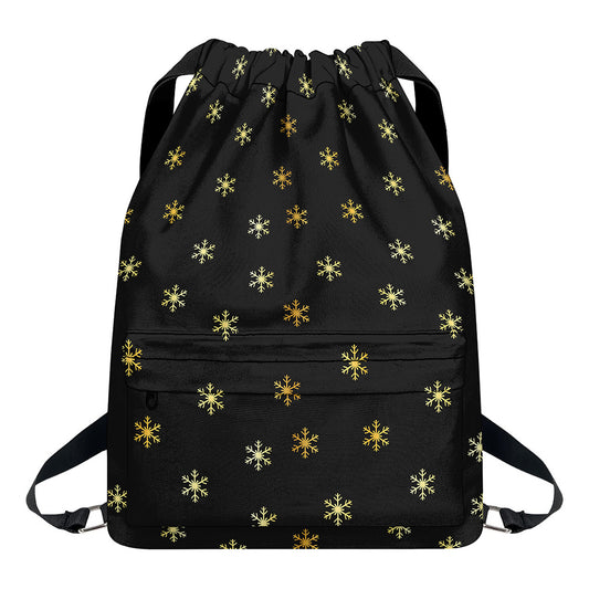 Black And Gold Snowflake Pattern Print Drawstring Backpack