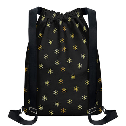 Black And Gold Snowflake Pattern Print Drawstring Backpack