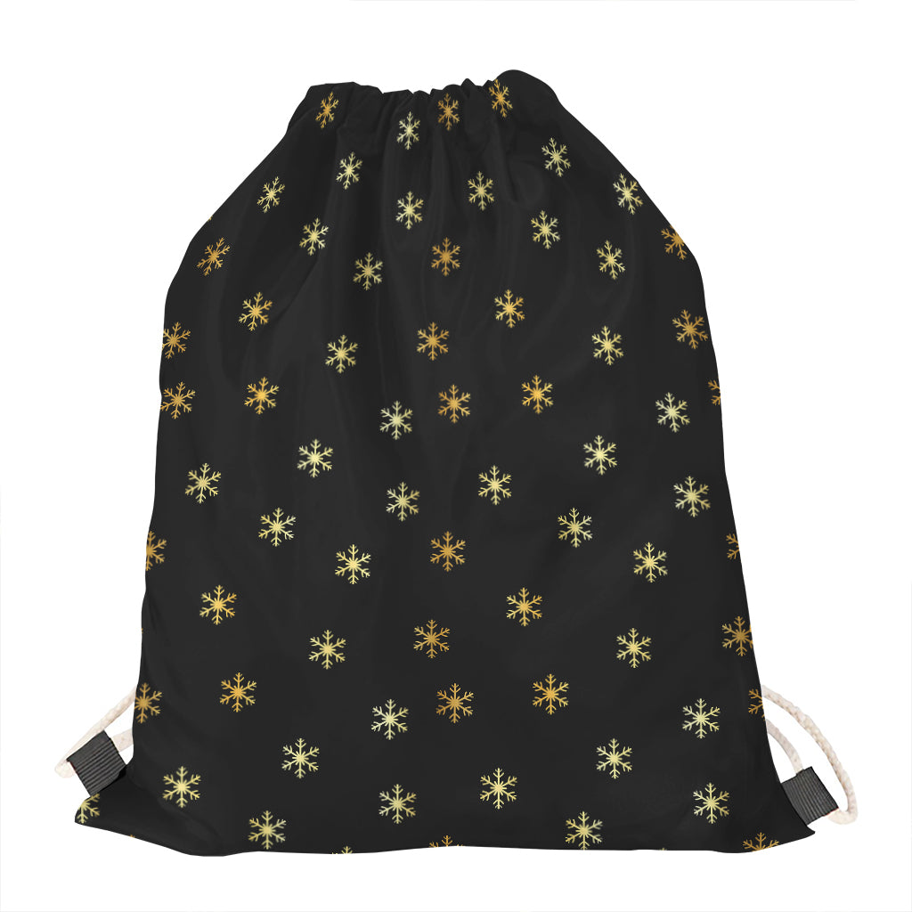 Black And Gold Snowflake Pattern Print Drawstring Bag