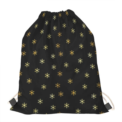 Black And Gold Snowflake Pattern Print Drawstring Bag