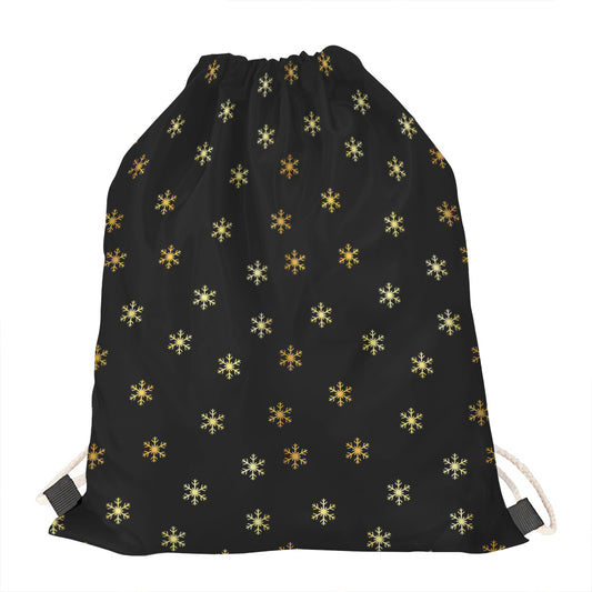 Black And Gold Snowflake Pattern Print Drawstring Bag