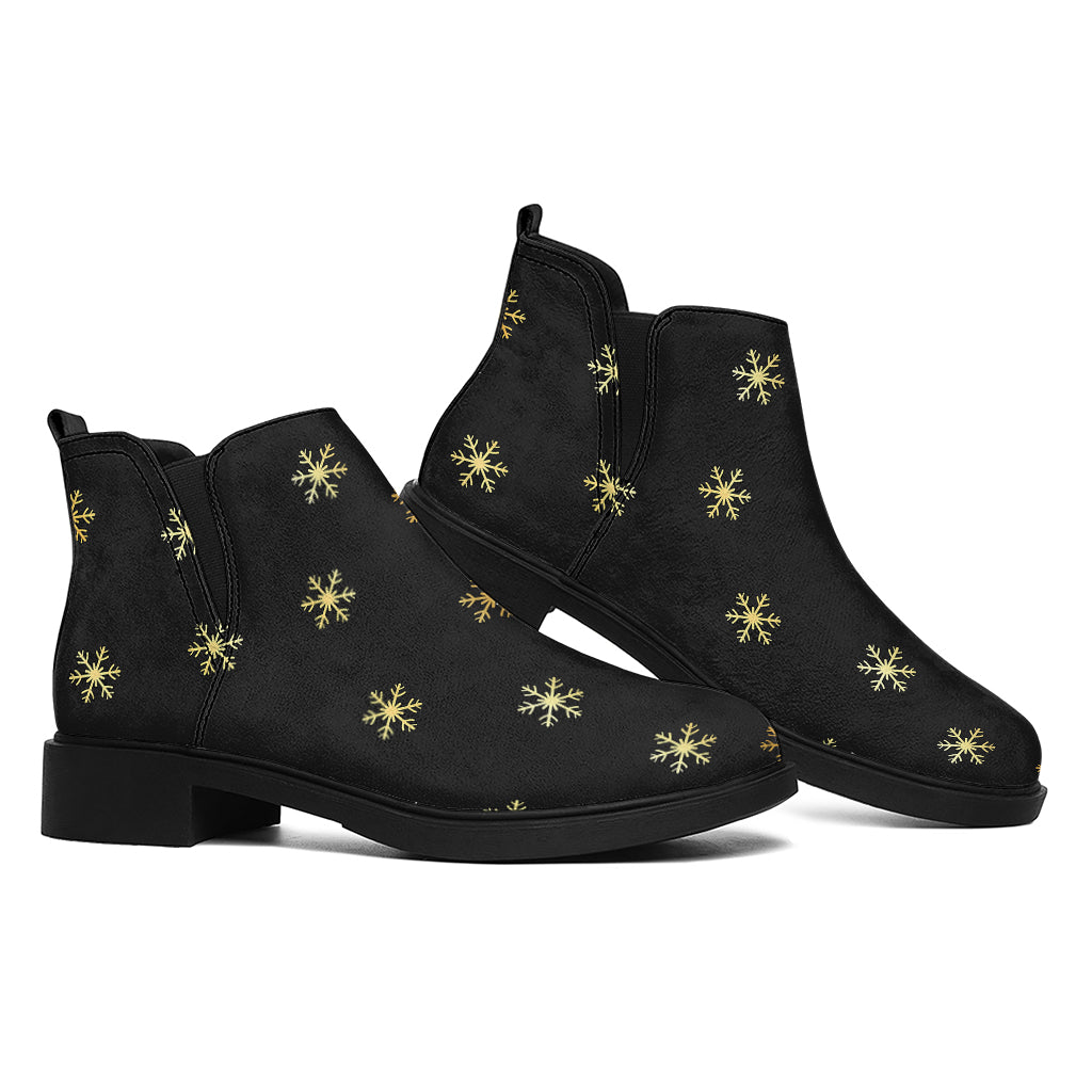 Black And Gold Snowflake Pattern Print Flat Ankle Boots