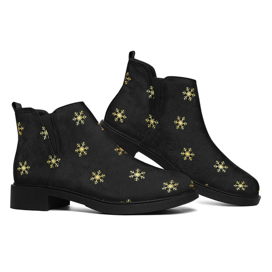 Black And Gold Snowflake Pattern Print Flat Ankle Boots