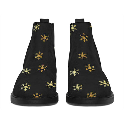 Black And Gold Snowflake Pattern Print Flat Ankle Boots