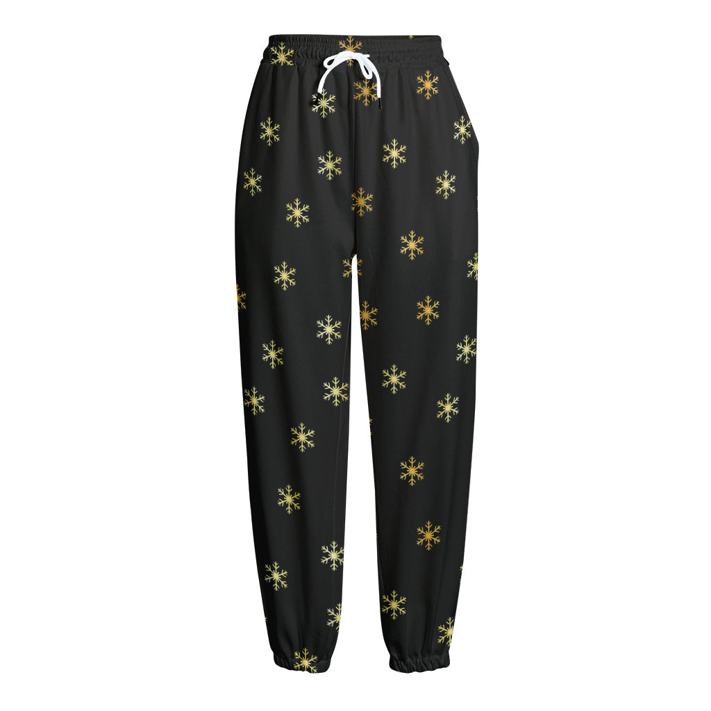 Black And Gold Snowflake Pattern Print Fleece Lined Knit Pants
