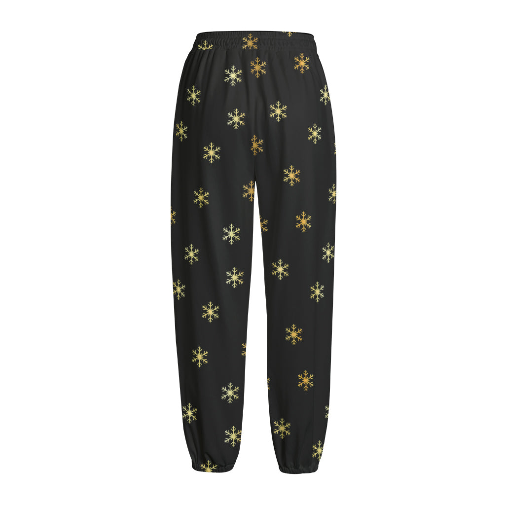 Black And Gold Snowflake Pattern Print Fleece Lined Knit Pants