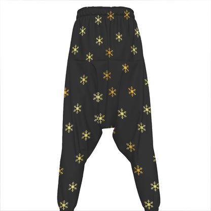 Black And Gold Snowflake Pattern Print Hammer Pants