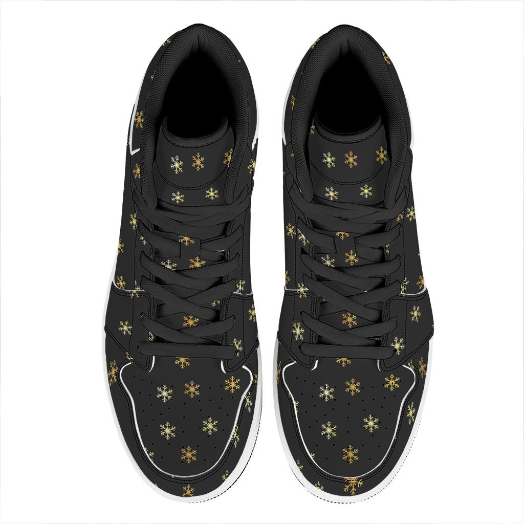 Black And Gold Snowflake Pattern Print High Top Leather Sneakers