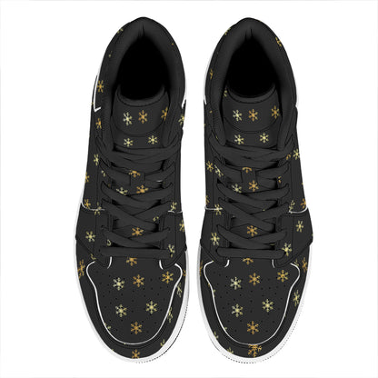 Black And Gold Snowflake Pattern Print High Top Leather Sneakers