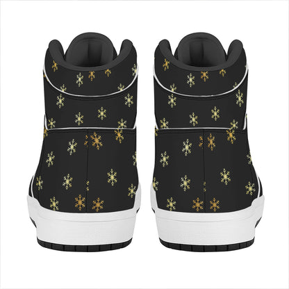 Black And Gold Snowflake Pattern Print High Top Leather Sneakers