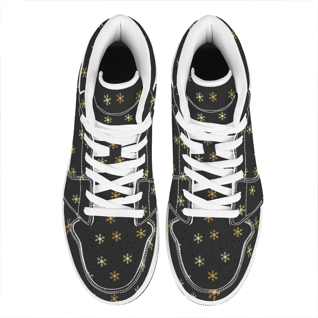 Black And Gold Snowflake Pattern Print High Top Leather Sneakers