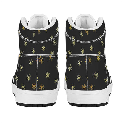Black And Gold Snowflake Pattern Print High Top Leather Sneakers
