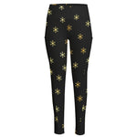 Black And Gold Snowflake Pattern Print High-Waisted Pocket Leggings