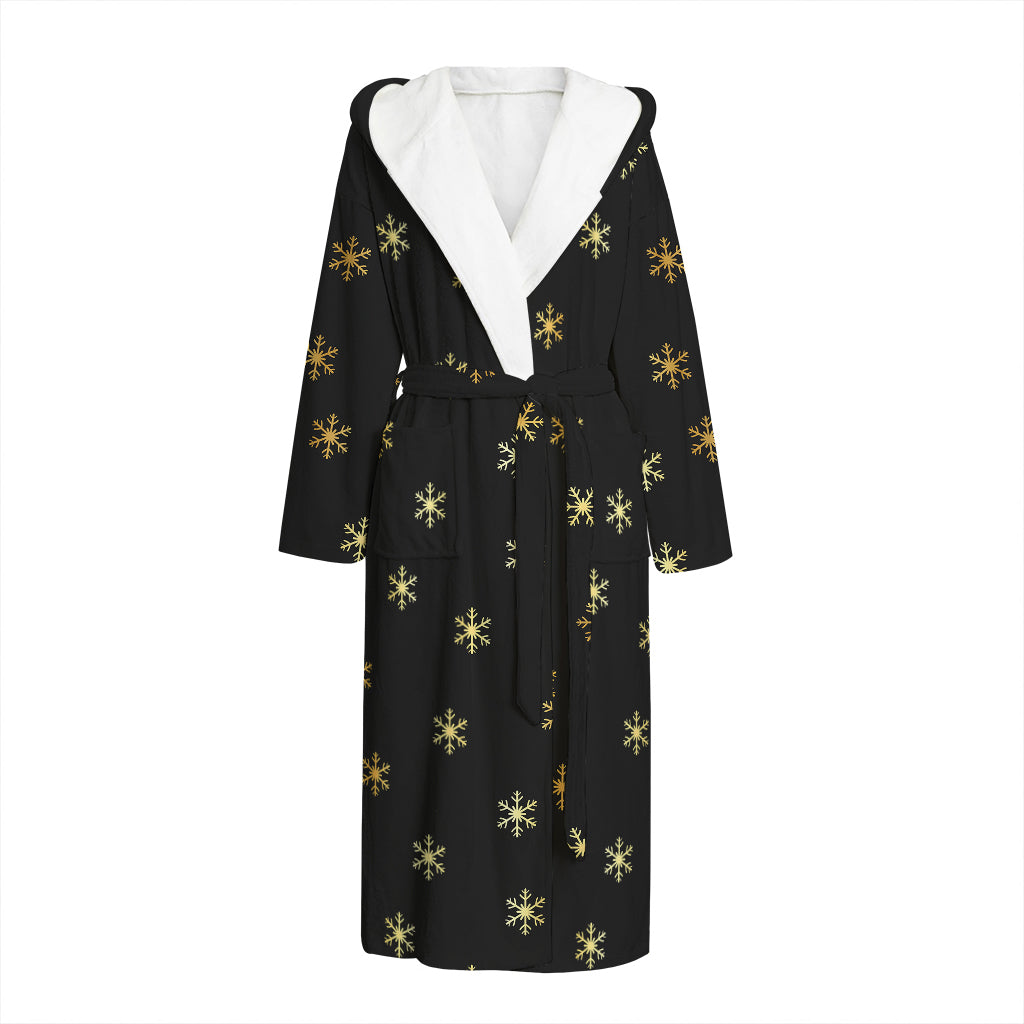 Black And Gold Snowflake Pattern Print Hooded Bathrobe