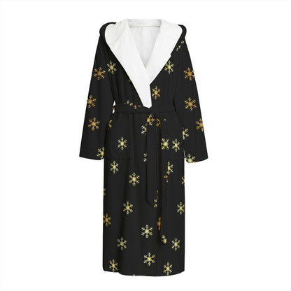Black And Gold Snowflake Pattern Print Hooded Bathrobe