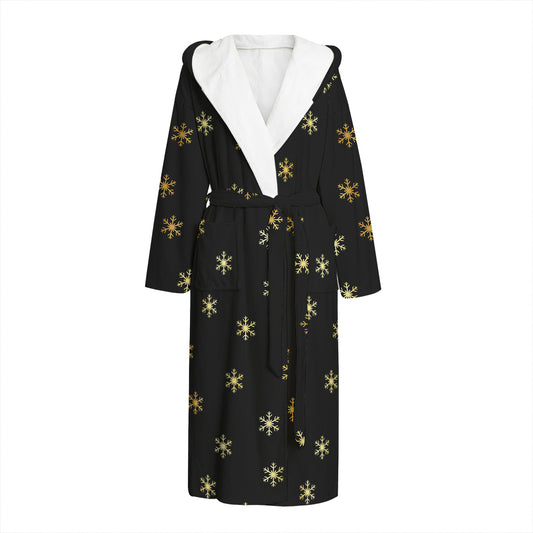 Black And Gold Snowflake Pattern Print Hooded Bathrobe