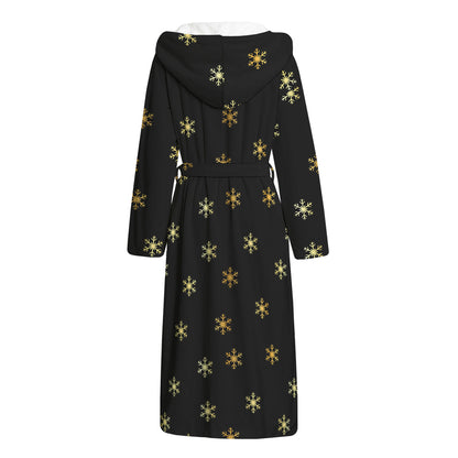 Black And Gold Snowflake Pattern Print Hooded Bathrobe