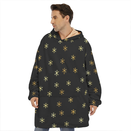 Black And Gold Snowflake Pattern Print Hoodie Blanket