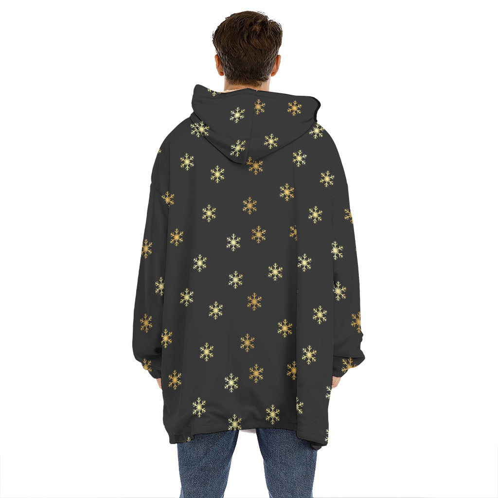 Black And Gold Snowflake Pattern Print Hoodie Blanket